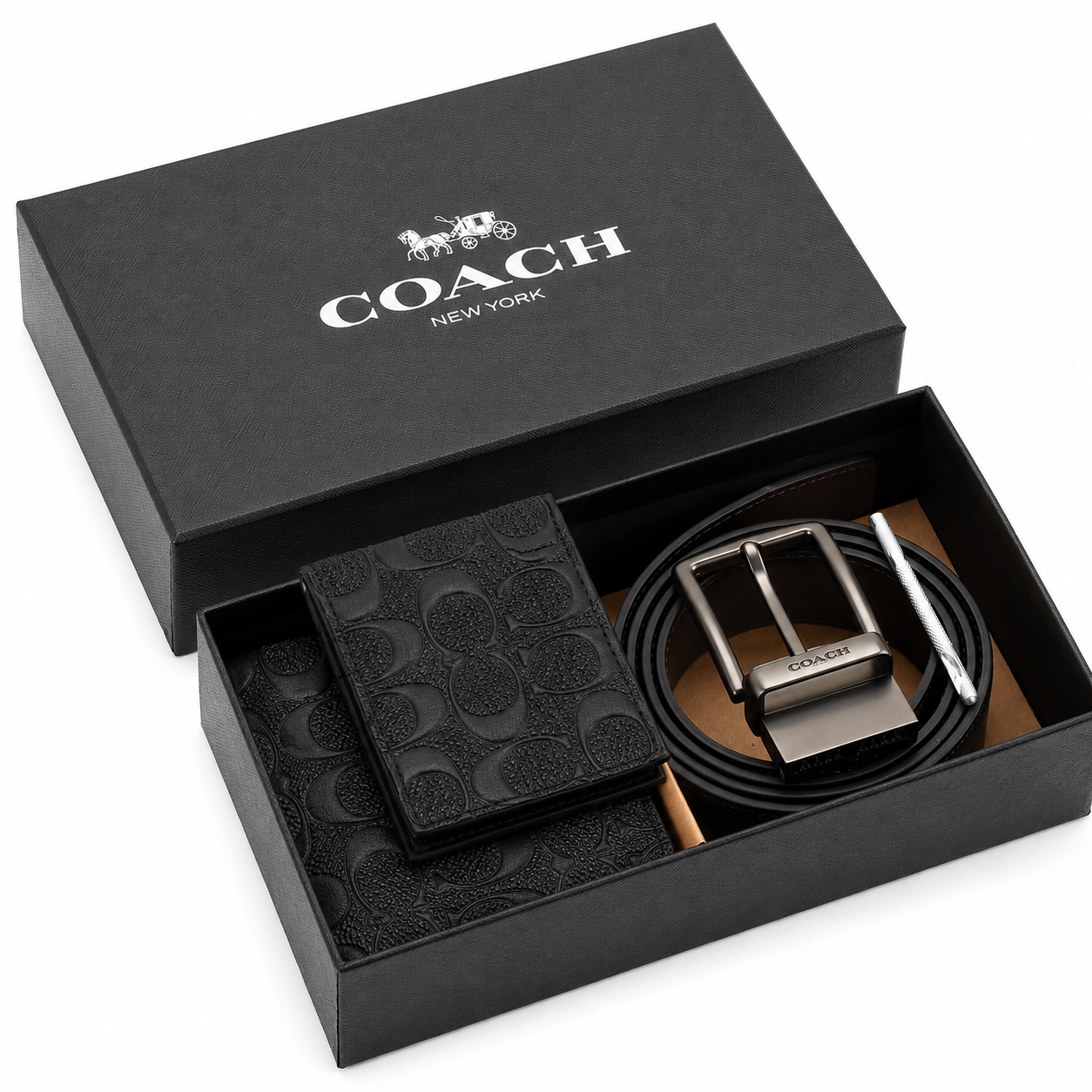 Coach Men’s Genuine Leather Wallet, Card Holder & Belt Gift Set – Black