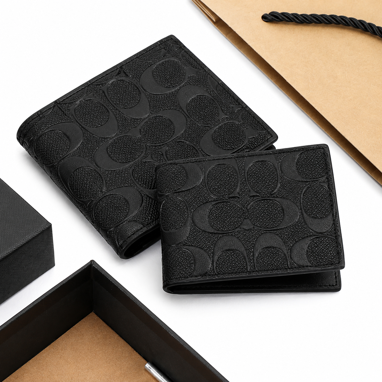 Coach Men’s Genuine Leather Wallet, Card Holder & Belt Gift Set – Black