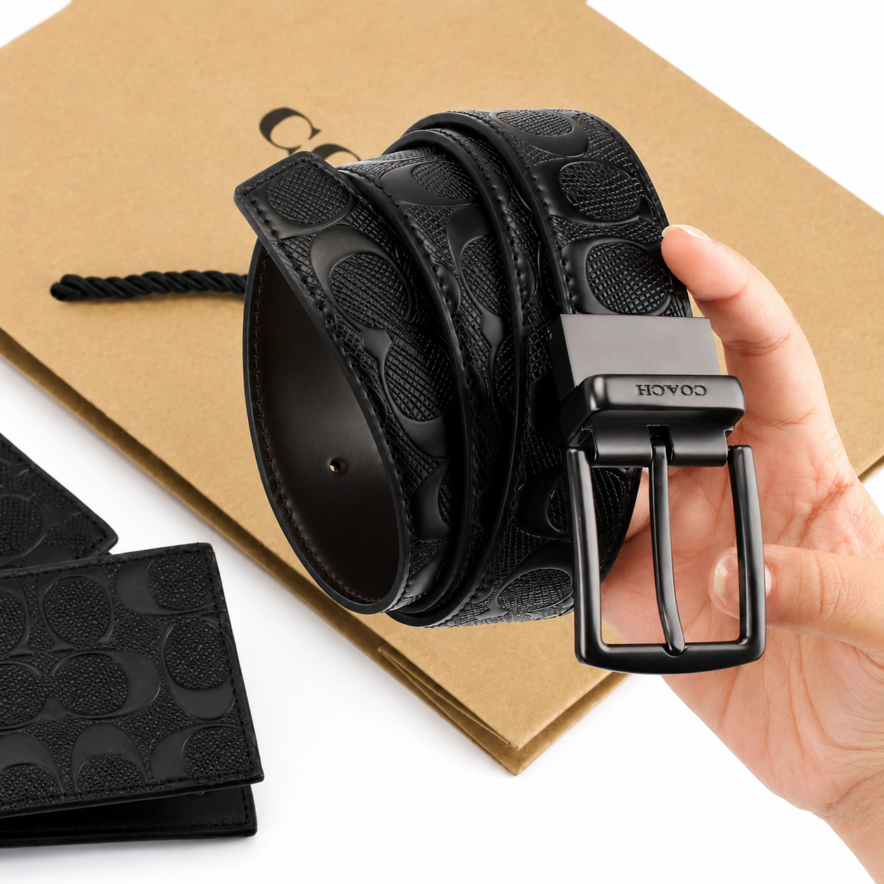 Coach Men’s Genuine Leather Wallet, Card Holder & Belt Gift Set – Black