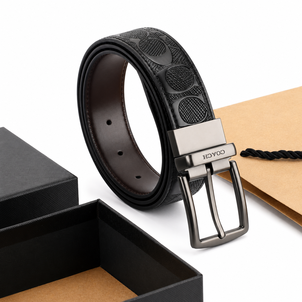 Coach Men’s Genuine Leather Wallet, Card Holder & Belt Gift Set – Black