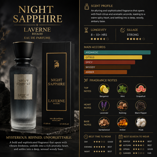 A perfume bottle and its box for Laverne Night Sapphire Eau de Parfum, presented on a dark, atmospheric background with detailed scent profile graphics on the right.