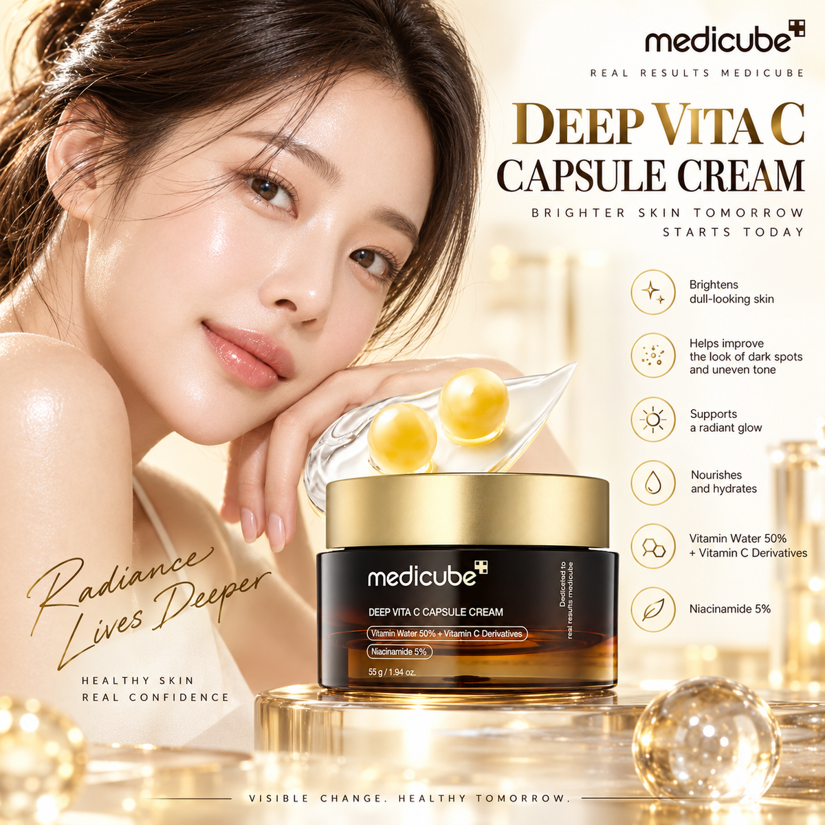 A woman with radiant skin poses beside a jar of Medicube Deep Vita C Capsule Cream on a glossy gold surface, with product text and benefit icons on a warm beige background.