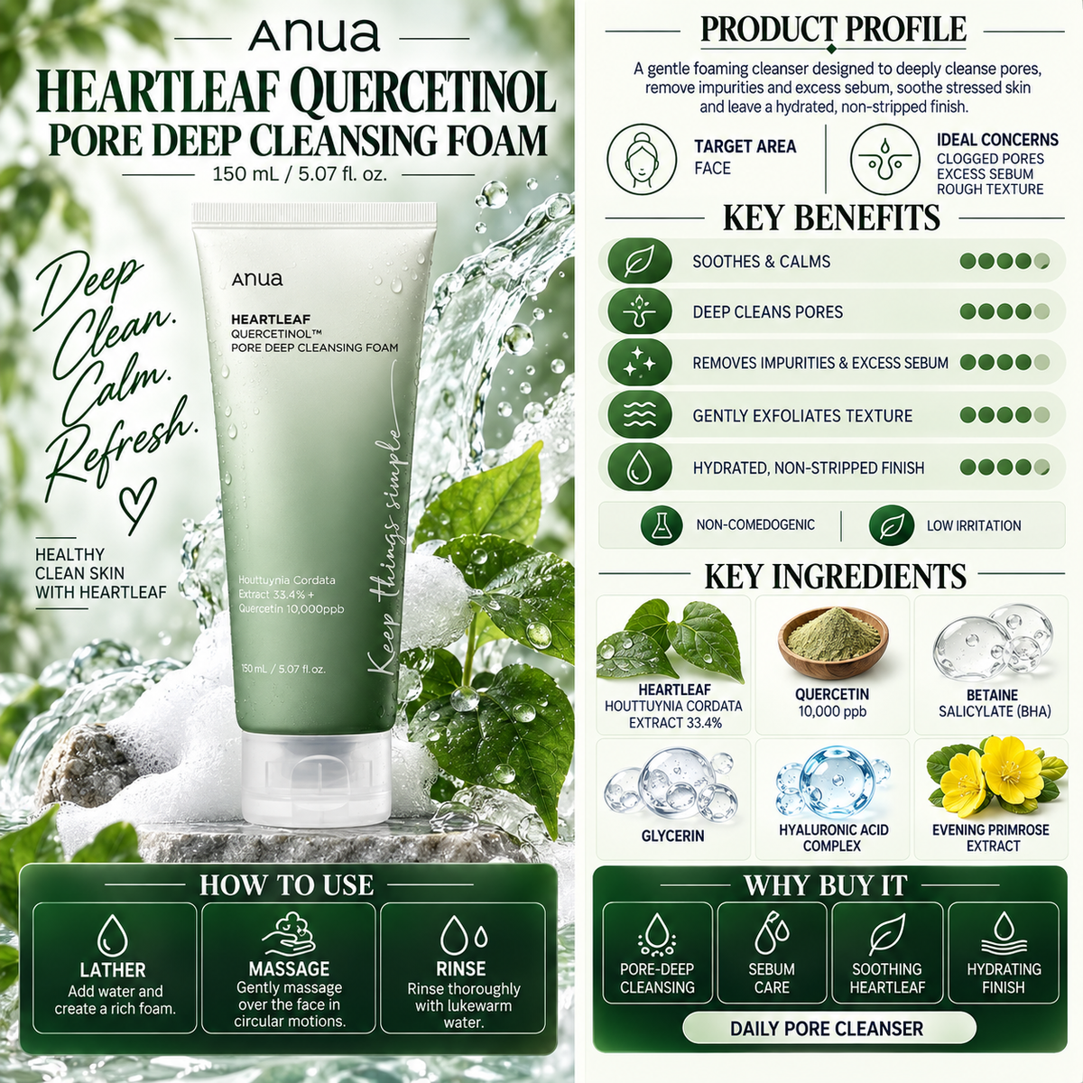 Heartleaf Quercetinol Pore Deep Cleansing Foam - Anua