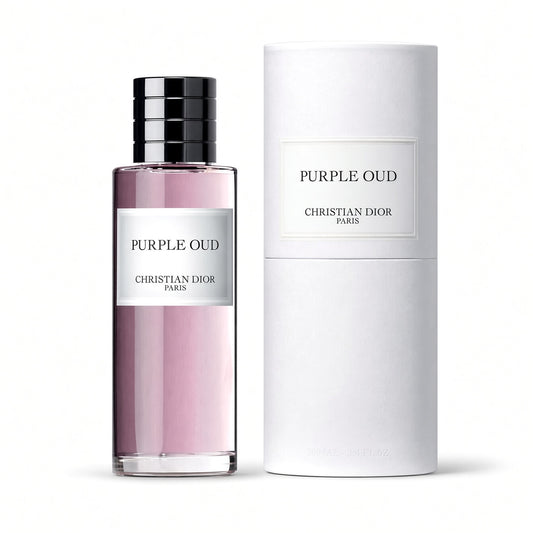 Christian Dior Purple Oud perfume bottle with a black cap next to its white cylindrical packaging box on a white background.