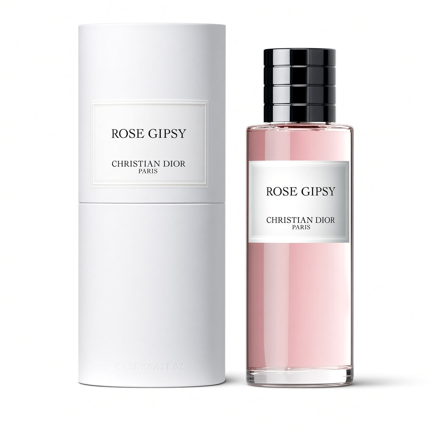 Christian Dior Rose Gipsy perfume bottle with pink liquid and a black cap, shown next to its white cylindrical packaging box on a white background.
