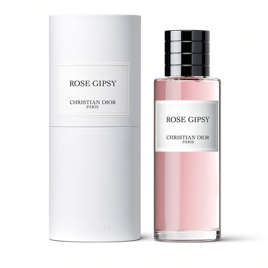 Christian Dior Rose Gipsy perfume bottle with pink liquid and a black cap, shown next to its white cylindrical packaging box on a white background.