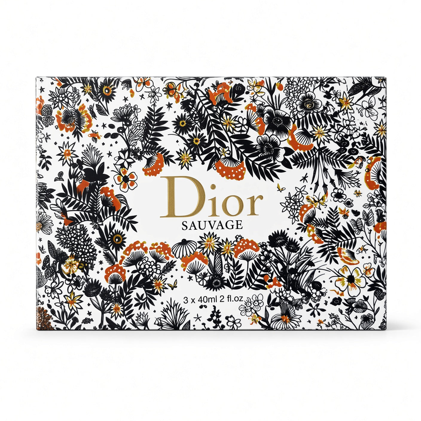 Dior Sauvage fragrance box featuring an intricate black and orange botanical pattern on a white background with gold lettering.