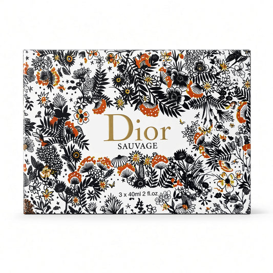 Dior Sauvage fragrance box featuring an intricate black and orange botanical pattern on a white background with gold lettering.