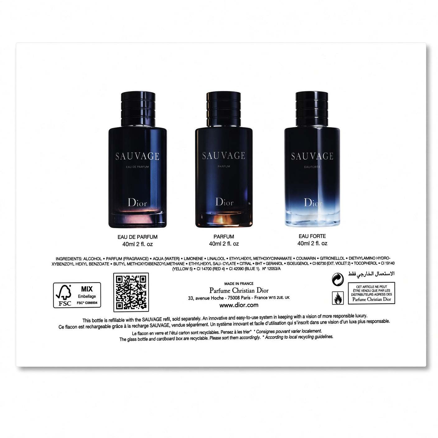 Back of a Dior Sauvage perfume box or packaging panel on a white background, showing three dark perfume bottles labeled Eau de Parfum, Parfum, and Eau Forte, plus product details, QR code, and environmental icons.