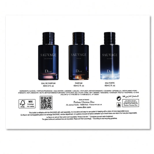 Back of a Dior Sauvage perfume box or packaging panel on a white background, showing three dark perfume bottles labeled Eau de Parfum, Parfum, and Eau Forte, plus product details, QR code, and environmental icons.