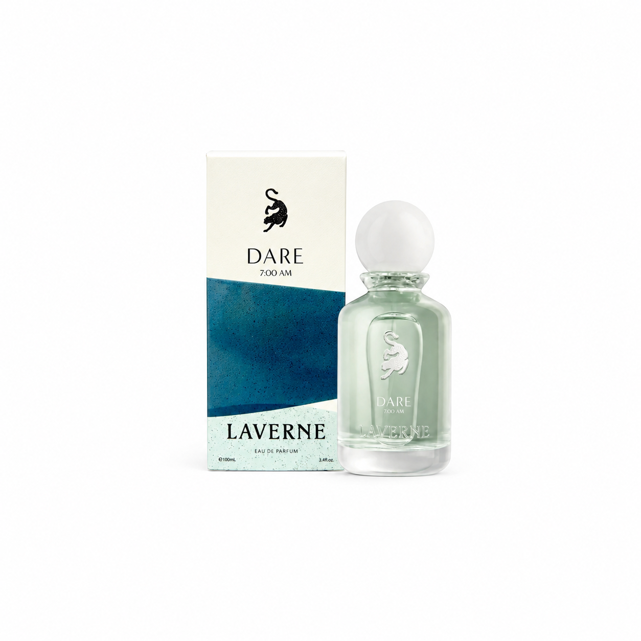 Dare for Air Laverne Eau de Parfum bottle and packaging box on a white background. The bottle is made of clear glass showing a pale green liquid, topped with a white spherical cap.