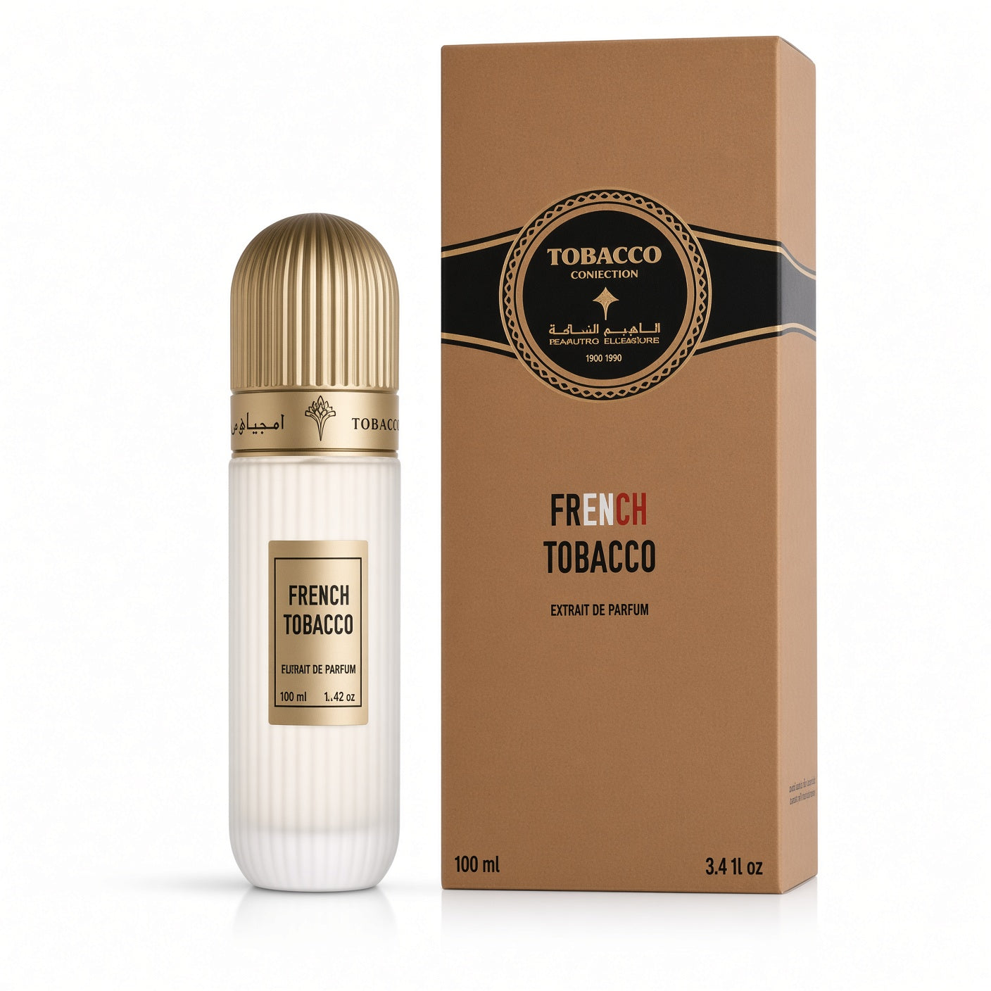 A 100ml bottle of Tobacco Connection French Tobacco Extrait de Parfum next to its brown cardboard packaging box, set against a clean white background.