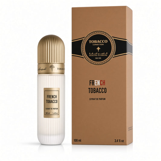 A 100ml bottle of Tobacco Connection French Tobacco Extrait de Parfum next to its brown cardboard packaging box, set against a clean white background.