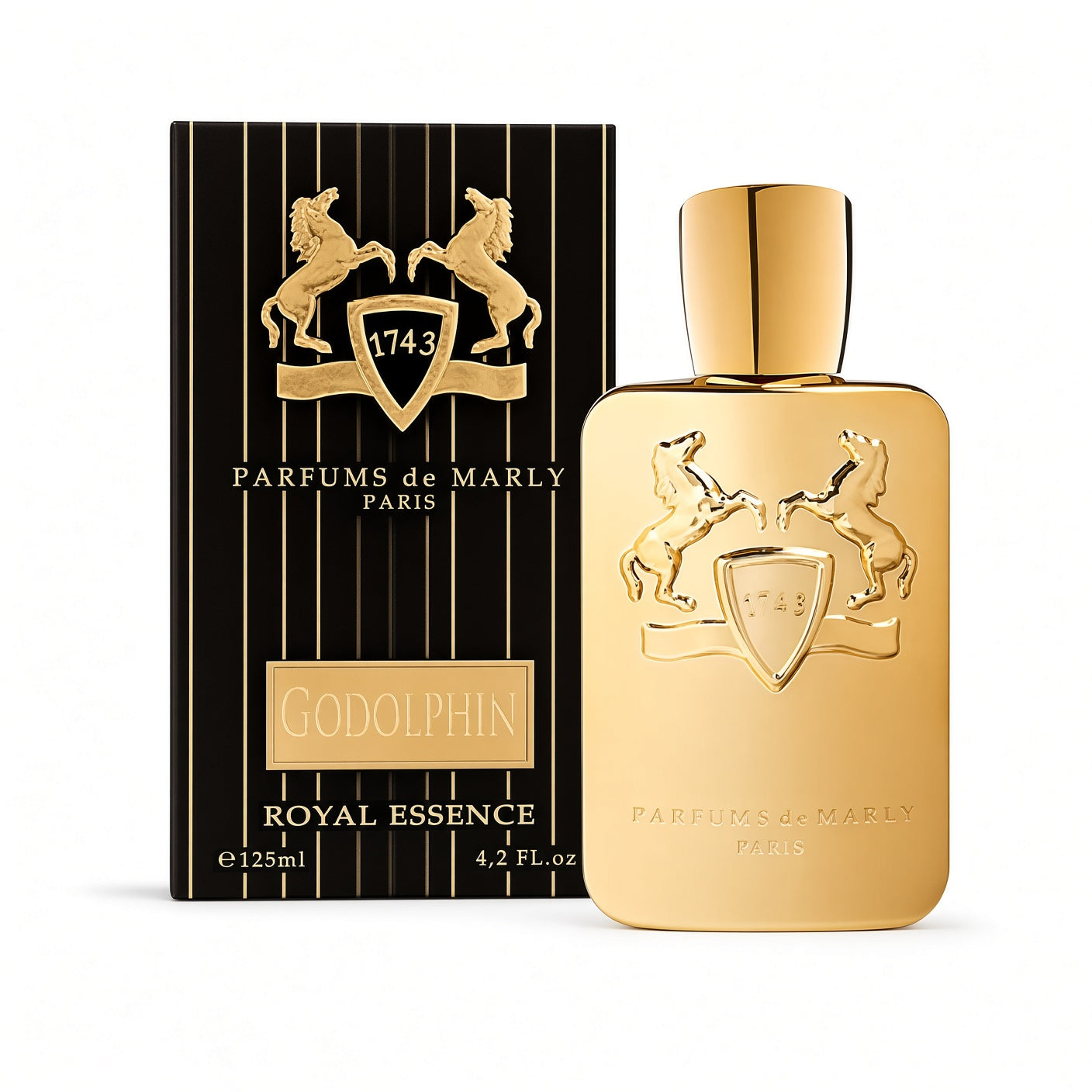 Godolphin Royal Essence perfume by Parfums de Marly, shown with its black and gold striped packaging box and the gold bottle next to it on a white background.