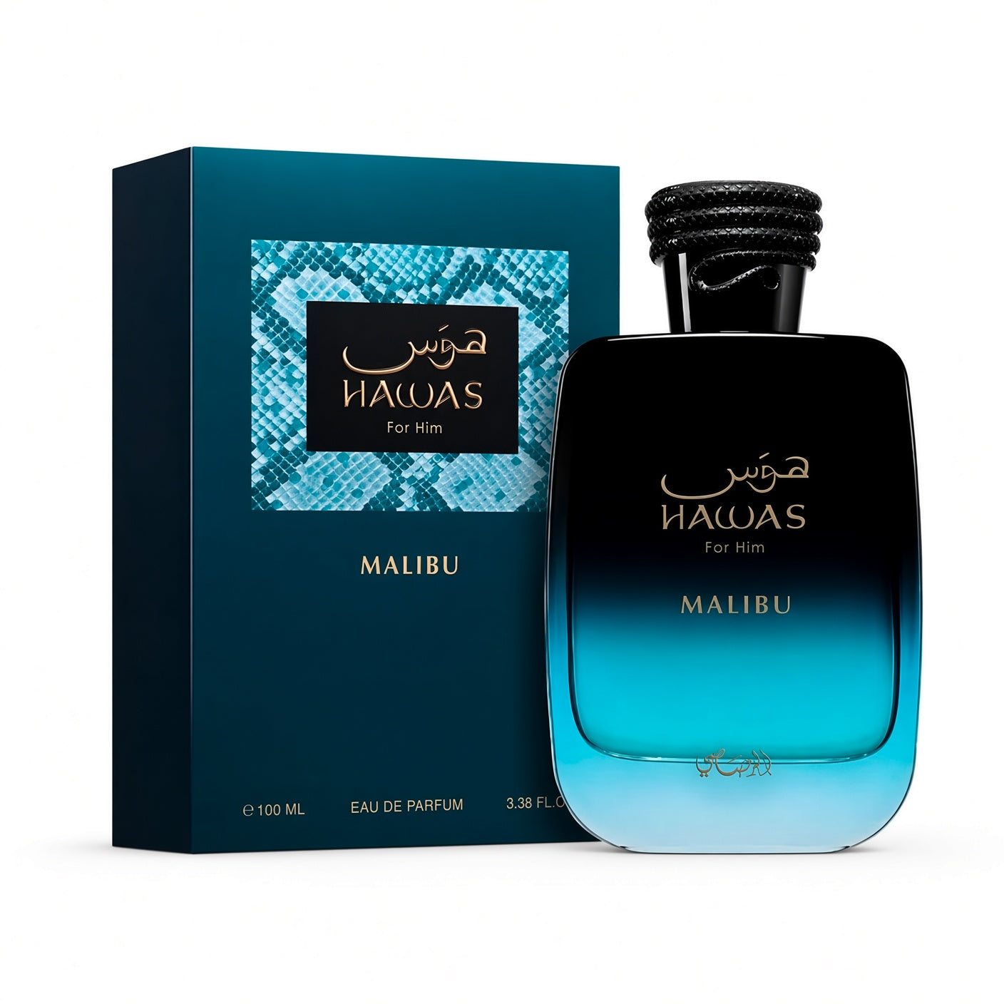 A bottle of MALIBU For Him Eau de Parfum with a black and blue gradient bottle next to its dark teal packaging box, on a white background.
