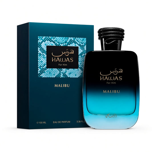 A bottle of MALIBU For Him Eau de Parfum with a black and blue gradient bottle next to its dark teal packaging box, on a white background.