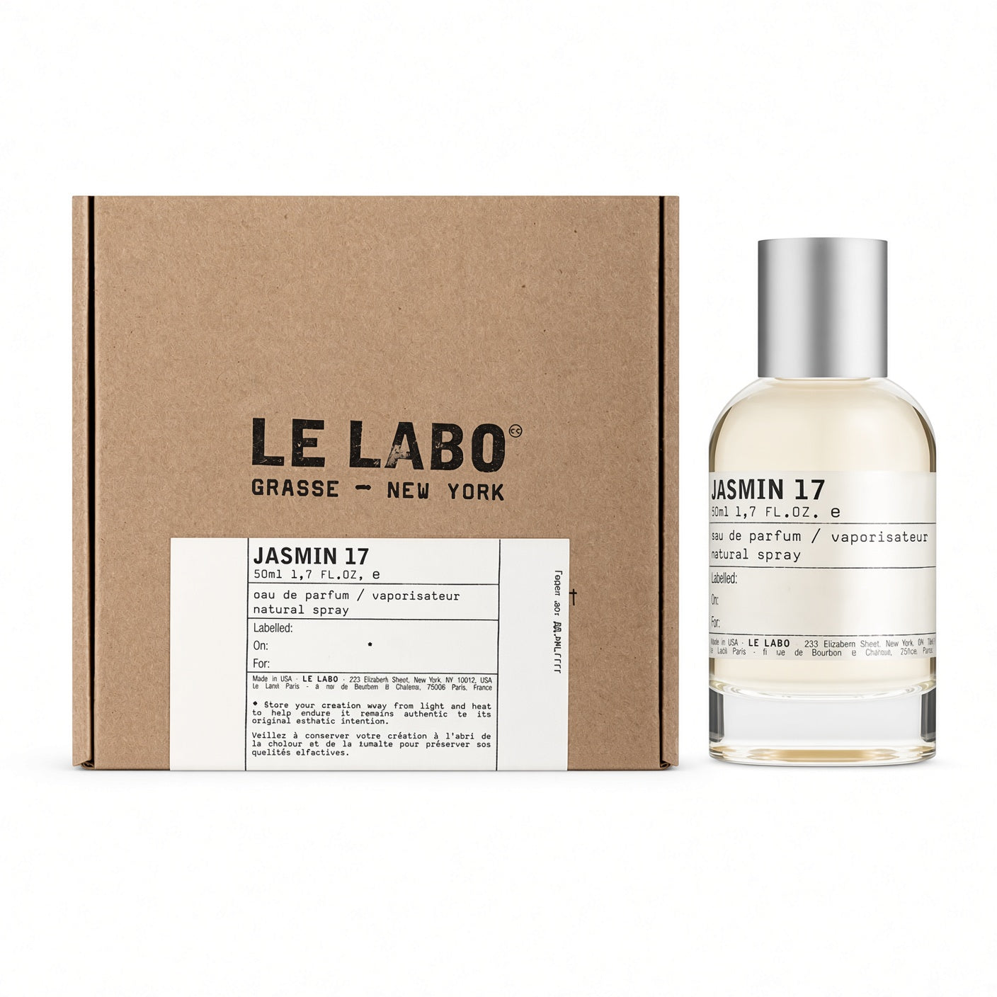 Le Labo Jasmin 17 natural spray perfume bottle next to its brown kraft paper packaging box on a white background.