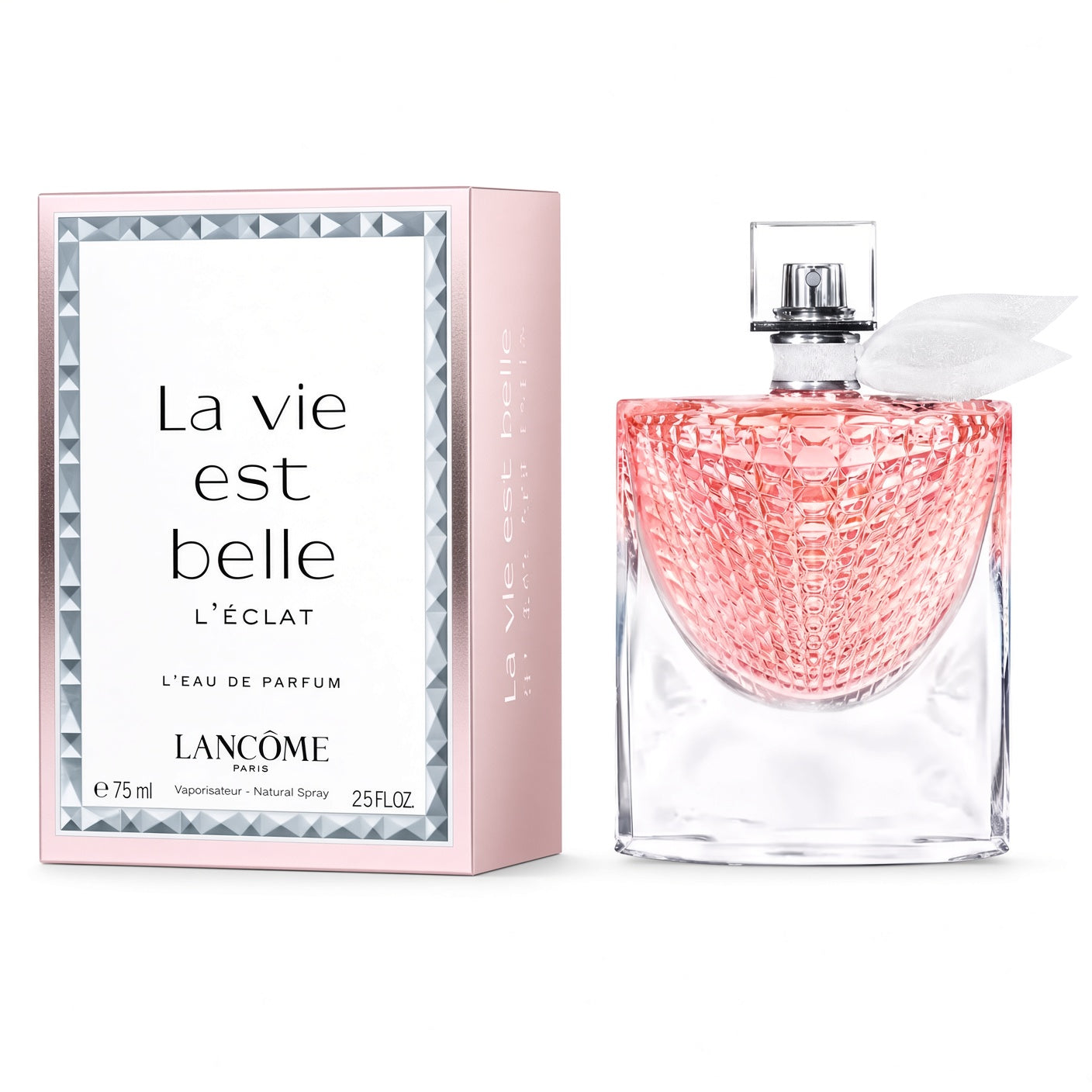 Lancôme La Vie Est Belle L'Eclat Eau de Parfum 75ml bottle next to its pink packaging box on a white background.