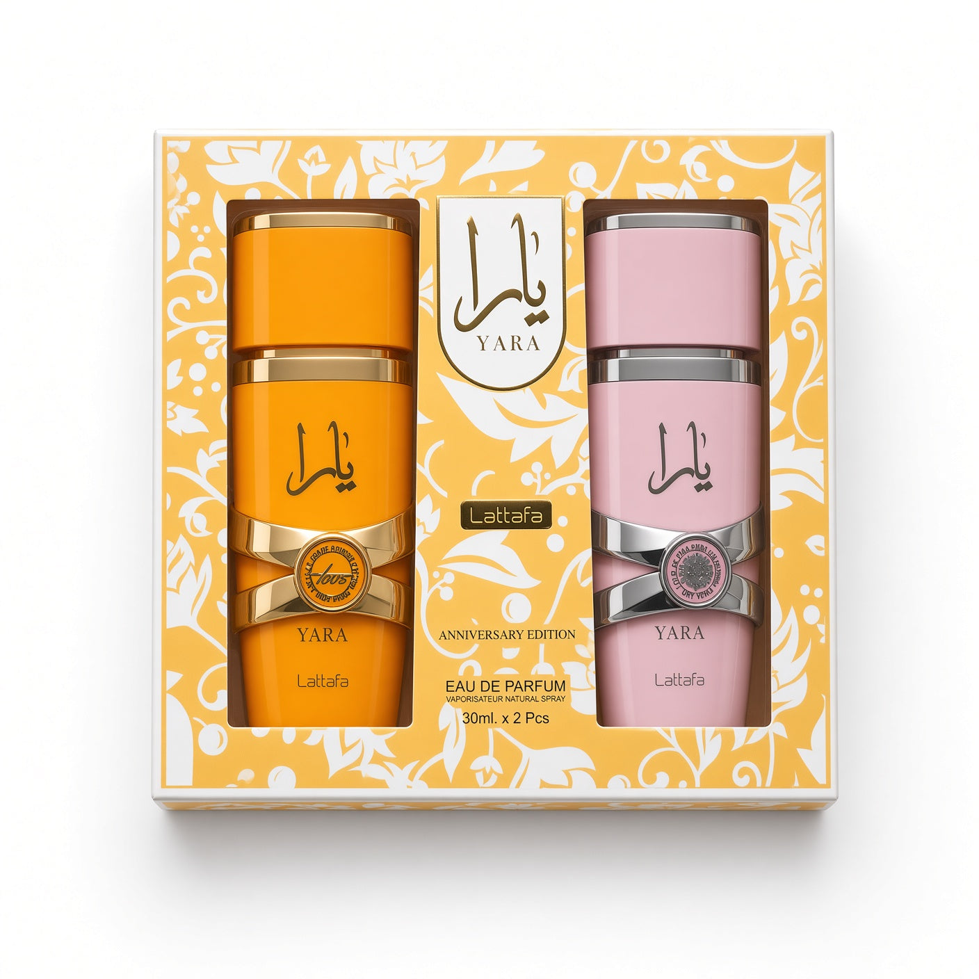 A boxed perfume gift set on a white background. The yellow-and-white patterned box contains two YARA Lattafa Eau de Parfum bottles, one orange with gold detailing and one pink with silver detailing, labeled Anniversary Edition 30ml x 2 Pcs.