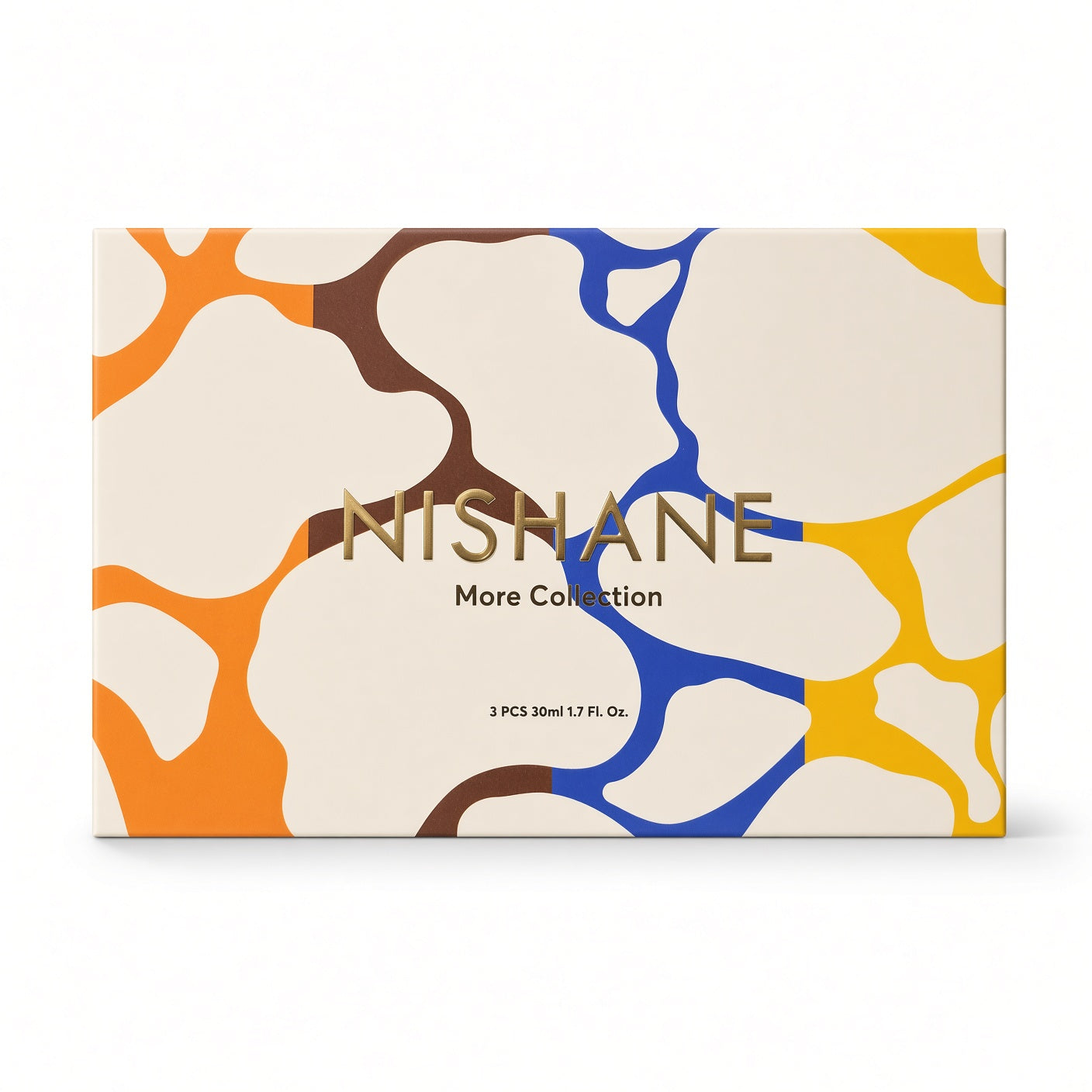 Nishane More Collection makeup palette box featuring an abstract organic pattern in orange, yellow, blue, brown, and cream with gold foil lettering.