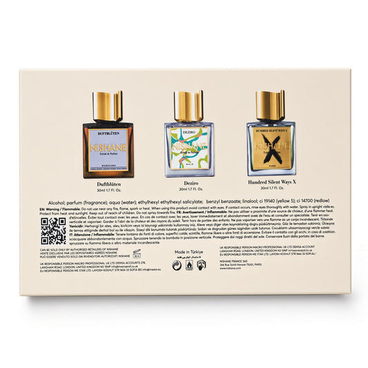 The back of a Dr. Nermana fragrance gift set box, featuring three 10ml perfume bottles (Dhollaboo, Desir, and Hundred Silent Ways X) with gold caps, along with product descriptions and a QR code on a beige background.