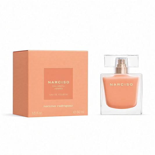 Narciso Rodriguez Narciso Eau de Toilette 50ml bottle next to its peach-colored packaging box on a clean white background.
