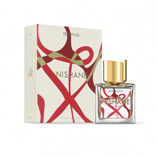 Nishane Tempfluo Extrait de Parfum bottle with a gold cap next to its cream-colored packaging box featuring red and olive green abstract patterns.
