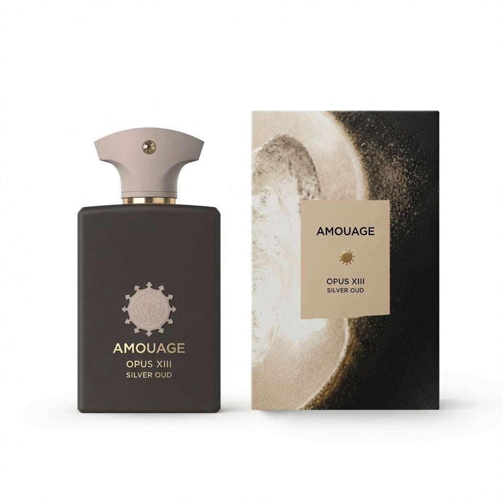 Amouage Opus XIII Silver Oud perfume bottle in a dark charcoal gray color with a beige cap, shown next to its matching product box on a white background.