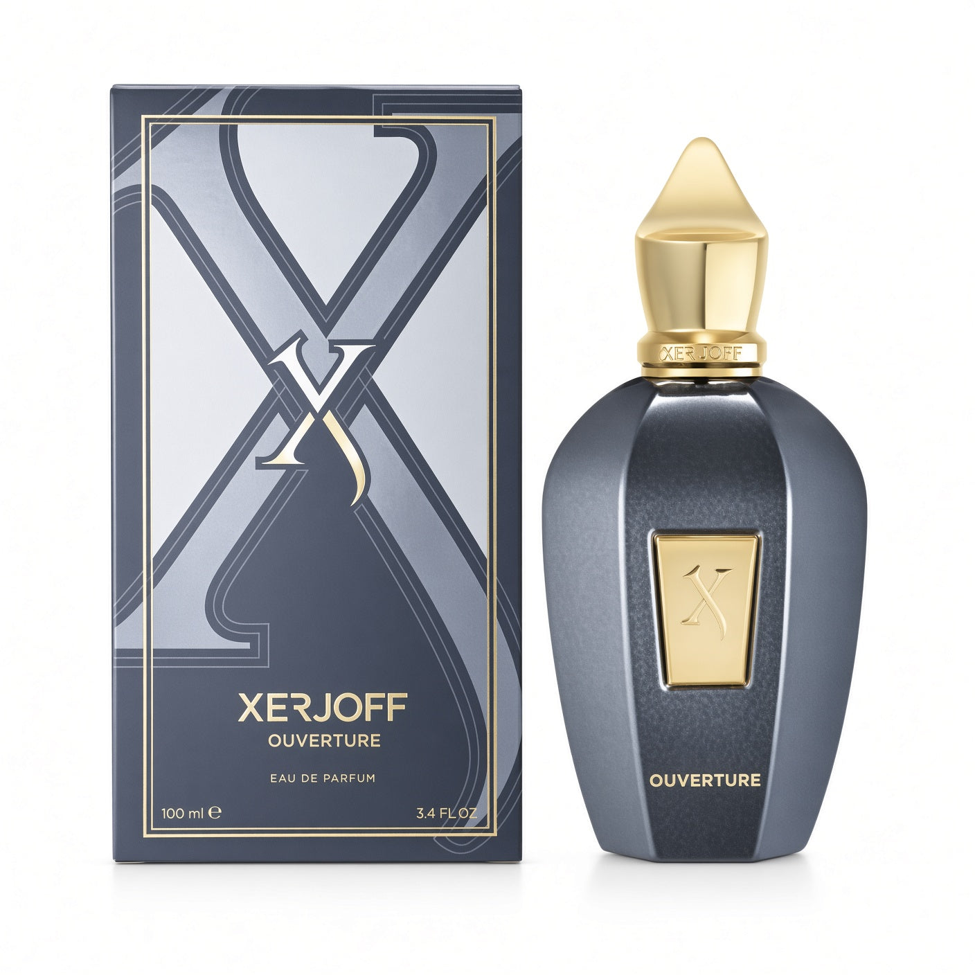 Xerjoff Ouverture Eau de Parfum bottle and its matching packaging box, featuring a dark slate blue-gray bottle with a gold cap and a gold logo plaque, next to its patterned box.