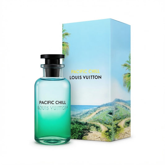 Louis Vuitton Pacific Chill perfume bottle in front of its illustrated packaging box, featuring a turquoise gradient bottle and a box with a tropical beach and mountain landscape print.