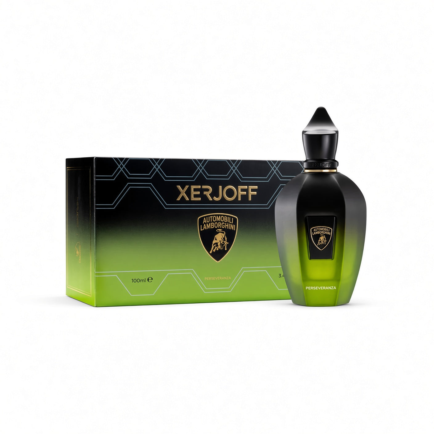 Xerjoff Automobiles Lamborghini perfume bottle and its packaging box, featuring a black and green gradient design with gold lettering on a white background.