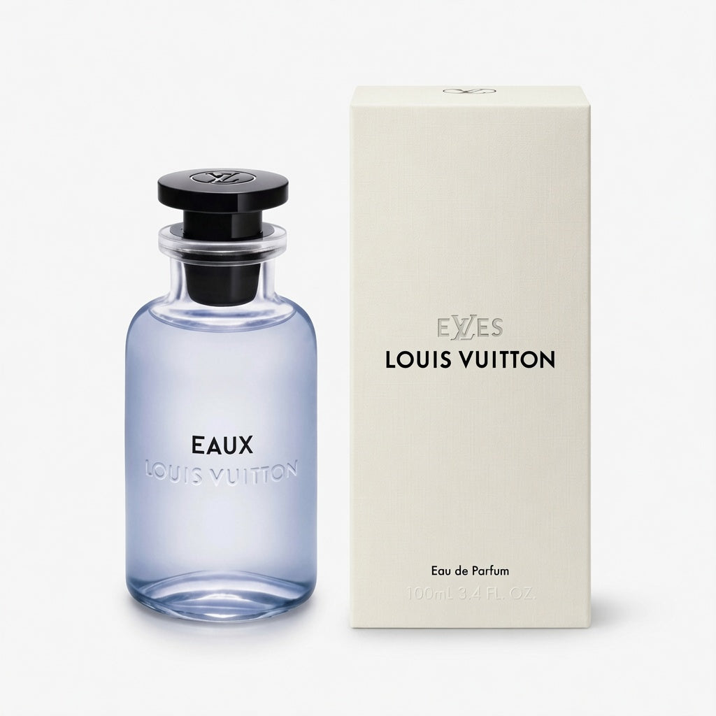 Louis Vuitton EYES Eau de Parfum bottle in a light blue glass bottle with a black cap, shown next to its cream-colored packaging box on a white background.